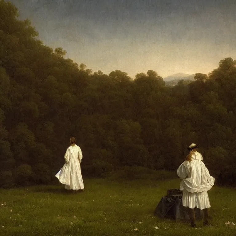 Image similar to romantic painting, wide shot of a lone figure in fancy dress watching an enormous television screen playing a football game, highly detailed, sublime, hyperrealistic, painted by caspar david friedrich and albert bierstadt, trending on artstation 8 k