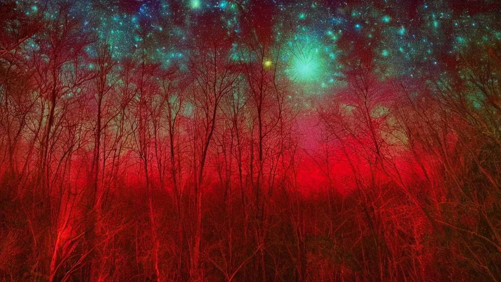Image similar to (((psychedelic))) 8k ultra realistic night time photography of a mystical cosmic night sky with red smoke and a perfect huge full moon, A glimpse through a small gap in the dark green foliage and overgrowth and the trees of the huge gibbous full moon over water in a dark sky. wreathed in red smoke!!!, starlight, night-time, dark enclosed, cozy, quiet forest night scene, spangled, cosmic