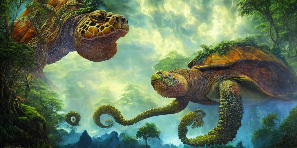 Prompt: fantasy oil painting, great leviathan, turtle cephalopod terrapin reptilian pachyderm amphibian hybrid, epic natural light, lush plants flowers, rainforest mountains, bright clouds, luminous sky, outer worlds, dynamic lighting, michael cheval, michael whelan, vray, 8 k hd