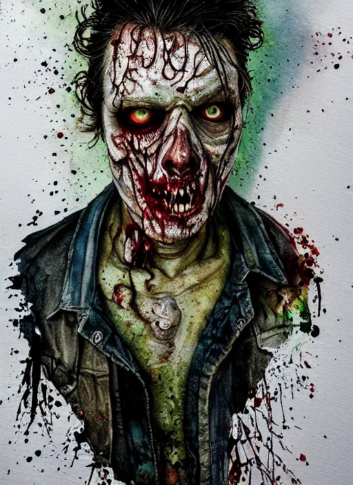 Image similar to zombie hollywood professional acting headshot, hyperrealism, intricate detailed, studio lighting, charming expression gesicht, watercolor art, drawn and painted, colored layers, dulled contrast, exquisite fine art