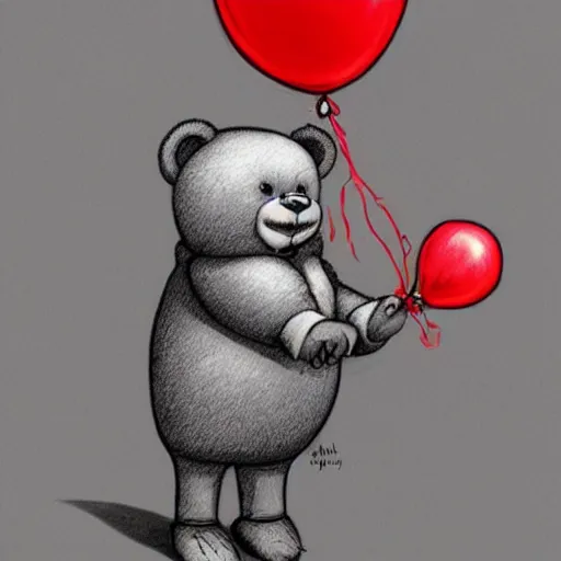 Image similar to surrealism grunge cartoon sketch of a teddy bear with a wide smile holding a red balloon by - michael karcz, loony toons style, horror theme, detailed, elegant, intricate