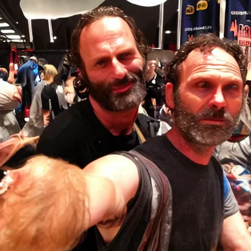 Prompt: selfie shot by a walking dead zombie with rick grimes at comic con