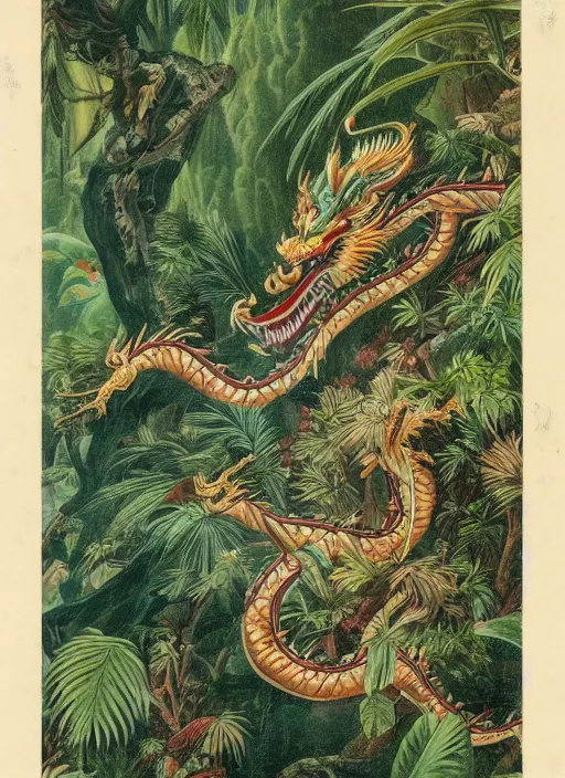 Image similar to vintage chinese dragon in a tropical forest, john james audubon, intaglio 8 k resolution