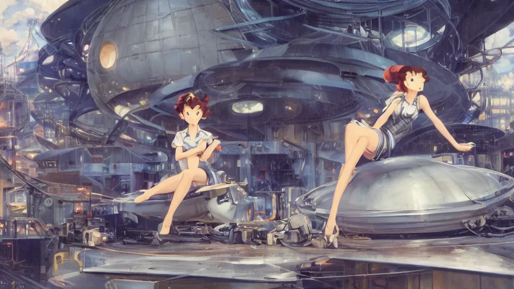 Prompt: a film still of a 1 9 5 0's mechanic anime girl sitting on top of flying ufo landing in hangar of giant ufo spaceship, sharp focus, finely detailed features, full body mid shot, perfect art, trending on pixiv fanbox, painted by gaston bussiere, makoto shinkai, akihiko yoshida, gaston bussiere, craig mullins