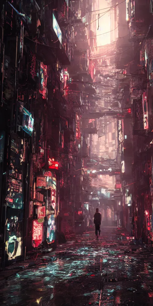 Prompt: cyberpunk alley by chiharu shiota, 8 k, raytracing, unreal engine 5,