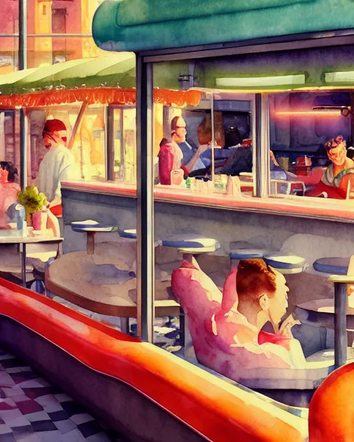 Image similar to closeup watercolor profile portrait of a 1 9 5 0 s diner, hyper realistic, artstation, illustration, digital paint, matte paint, vivid colors, bright, cheerful, detailed and intricate environment