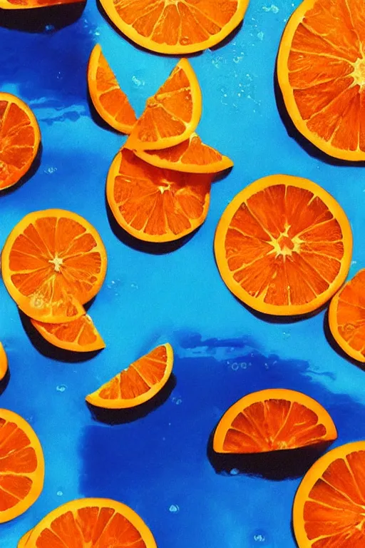 Image similar to a poster of summer ,water,wave , orange and orange slices,blue theme and Yellow accents,Colour composition by Kenya Hara