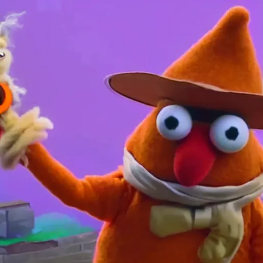 Image similar to bip bippadotta from the muppets as a wizard, fuzzy orange puppet, in fortnite, holding a gun