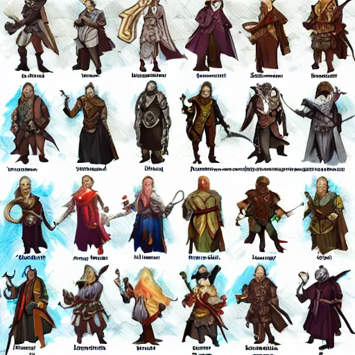 Prompt: concept art for the 1 2 dnd character classes. each in its own square