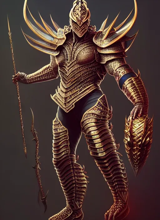 Image similar to intricate ornate armor!! muscular and tall humanoid dragon!!!! draconian!! character concept art, sharp focus, octane render! unreal engine 5! highly rendered!! trending on artstation!! detailed linework!! illustration by artgerm, wlop, and chie yoshii