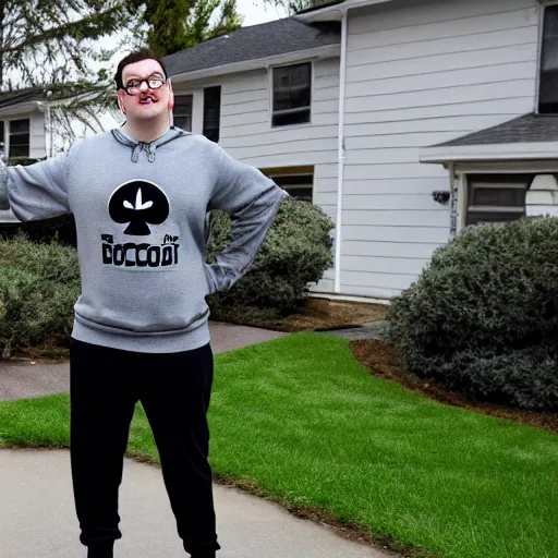 Prompt: Rocco Botte wearing gray sweatshirt and gray sweatpants and black/white Converse Chuck Taylor sneakers, standing in a T-pose on a suburban residential street