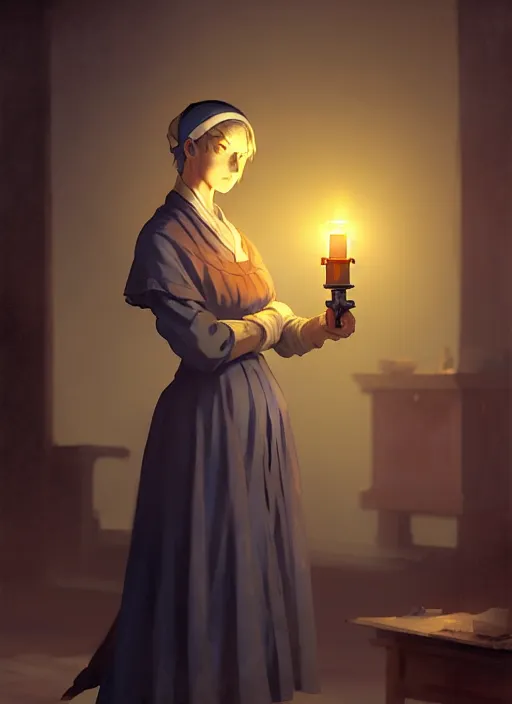 Image similar to old florence nightingale holding an oil lamp in a crimean war hospital 1 8 5 5, low light, trending on pixiv fanbox, painted by greg rutkowski makoto shinkai takashi takeuchi studio ghibli