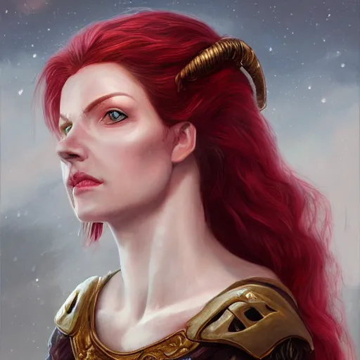 Prompt: a detailed matte head - on portrait painting of an middle - aged tiefling noblewoman with golden eyes and short long flowing red hair, by charlie bowater, lise deharme, wlop, tending on arstation, dungeons and dragon, dnd, pathfinder, fanart, oil on canvas