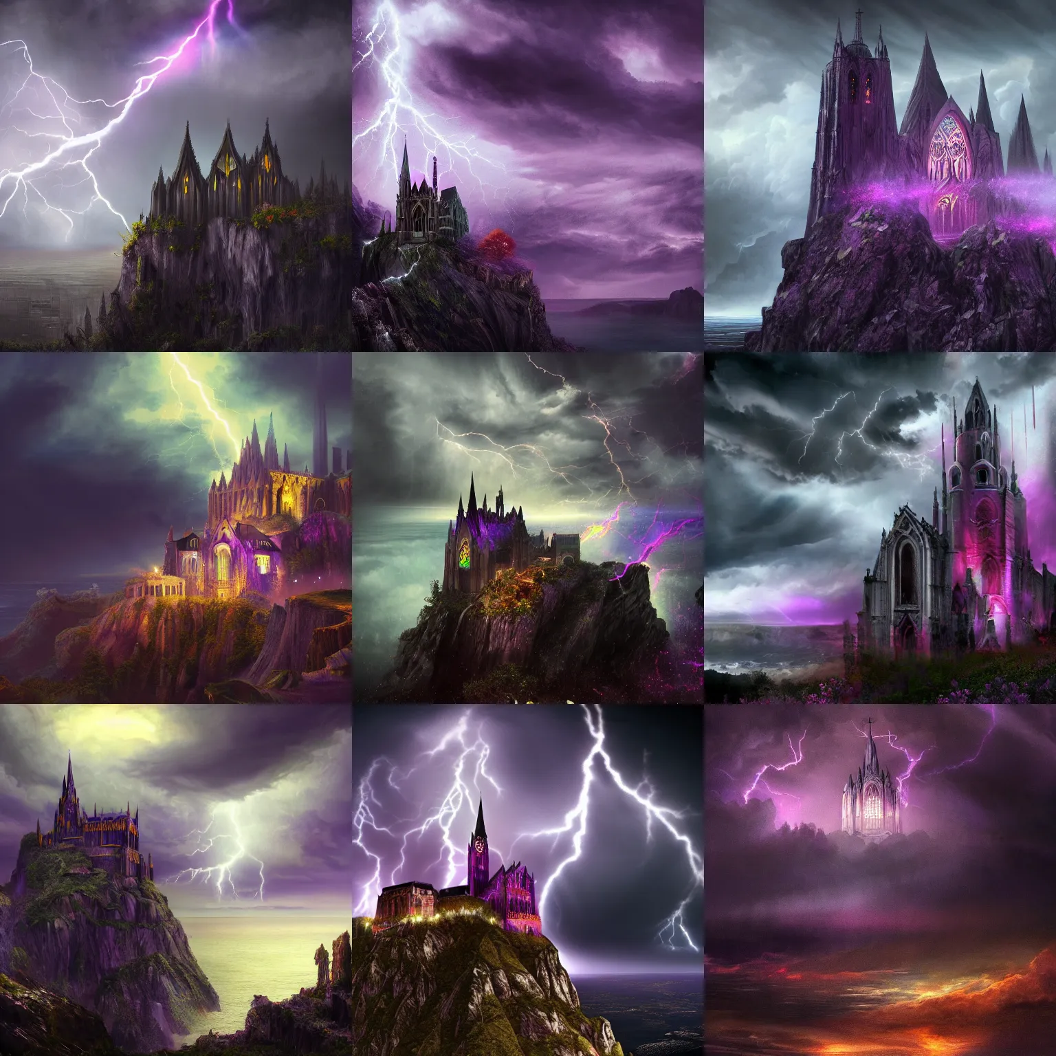 Prompt: A cathedral perched on a cliff edge. A storm in the sky. Dark purple mist. Multicolored lightening. Digital art. Night time. Gothic. Sinister. Mystery. 4K high quality. trending on artstation. Darkest Academia. Artwork. Masterpiece. Highly detailed