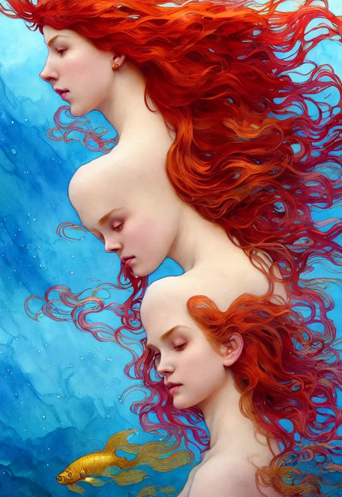 Prompt: beautiful watercolor painting of a red hair young queen under water, surrounded by long golden fish, intricate, elegant, highly detailed, digital painting, artstation, concept art, smooth, sharp focus, art by krenz cushart and artem demura and alphonse mucha, dynamic lighting, full body shot, ultrarealistic, cinematic, octane render, 8 k