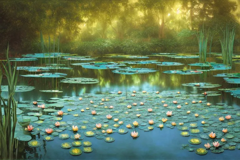 Image similar to pale teal rain beside pond with waterlilies, fantasy, intricate, elegant, dramatic lighting, emotionally evoking symbolic metaphor, highly detailed, lifelike, photorealistic, digital painting, artstation, concept art, smooth, sharp focus, illustration, art by John Collier and Albert Aublet and Krenz Cushart and Artem Demura and Alphonse Mucha