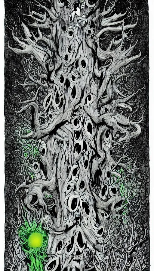 Image similar to a storm vortex made of many demonic eyes and teeth over a forest, by alex pardee