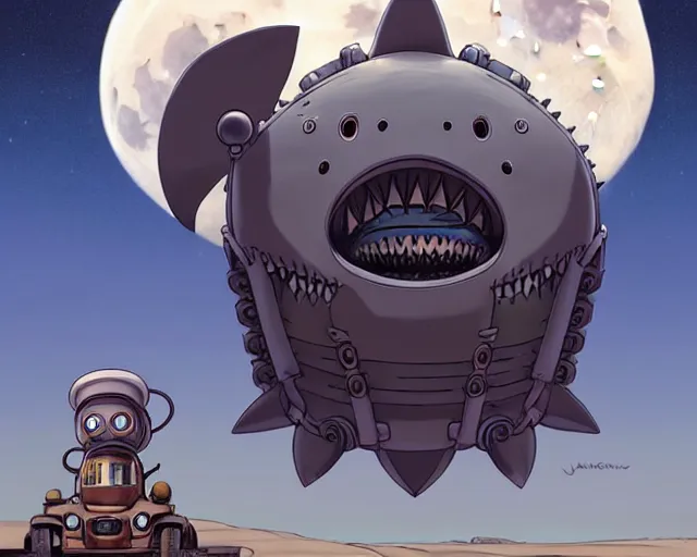 Prompt: a cell shaded cartoon grey lovecraftian mechanized shark from howl's moving castle ( 2 0 0 4 ), with a big head, on a desert road, wide shot, in front of a big moon, muted colors, post grunge, josan gonzales, wlop, by james jean, victor ngai, hq, deviantart, art by artgem