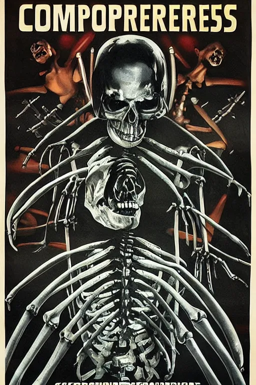 Image similar to vintage movie poster for horror movie, centipedes, skeletons, computers, cyberpunk