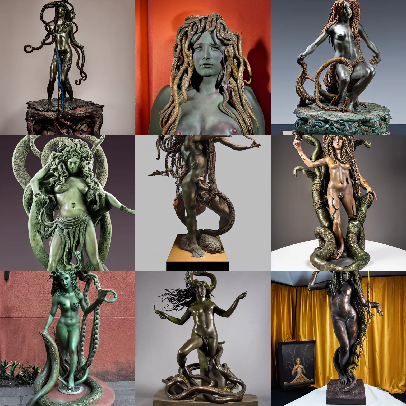 Prompt: painted bronze sculpture of medusa, full body and podium, many tattoos, professional photography, imposing