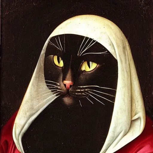 Prompt: Renaissance portrait painting of a cat nun