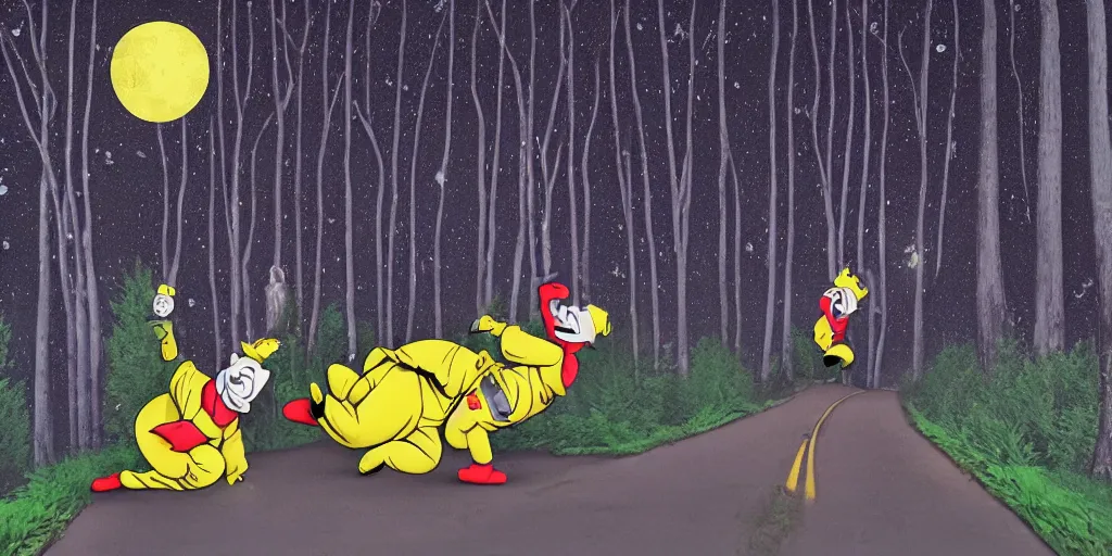 Image similar to tweedle dee and tweedle dum laughing hysterically, night, road between tall trees, dense forest, dark night, moon, in style of disney cartoon