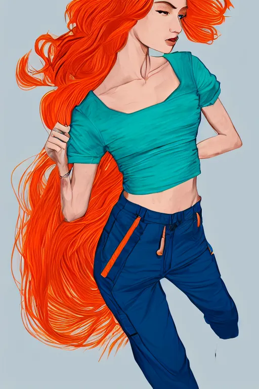 Image similar to a award winning half body portrait of a beautiful caucasian woman in a croptop and cargo pants with ombre orange blue teal hairstyle with head in motion and hair flying by will eisner, outrun, vaporware, digital art, trending on artstation, highly detailed, fine detail, intricate