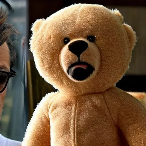 Image similar to Johnny Knoxville as a teddy bear, shoot out of a cannon, reality TV, landscape