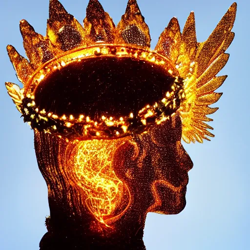 Image similar to Crown made of Bokeh on a head made of light on an angel with wings of fire standing on lava. Photo.