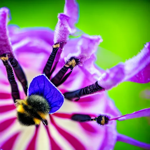 Prompt: surreal composite bumble bee made of flowers, pedicel legs, flower petal wings, siting on a finger, 5 0 mm lens, f 1. 4, sharp focus, ethereal, emotionally evoking, head in focus, volumetric lighting, blur dreamy outdoor