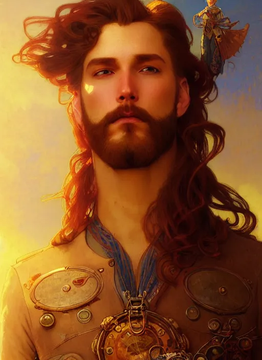 Image similar to portrait painting of a handsome face rugged long hair crimson hair male captain, top half portrait soft hair steampunk ornate mechanical zeppelin airship in the background sky sunset golden hour fantasy soft hair deviantart book cover art atmospheric volumetric lighting art by mucha greg rutkowski gaston bussiere