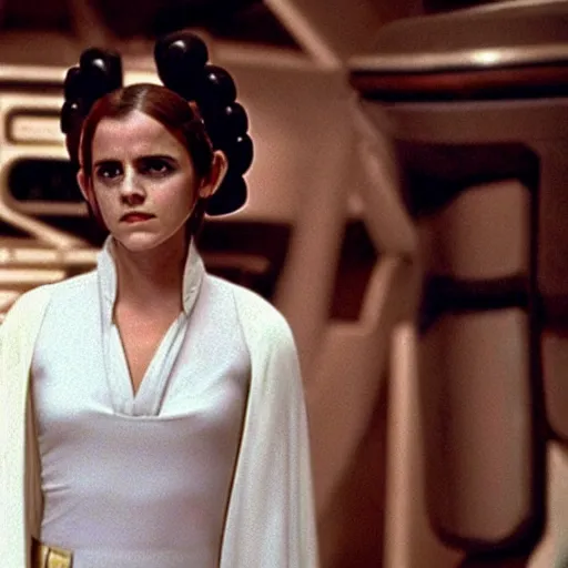 Image similar to film still of Emma Watson as Princess Leia in Star Wars 1977