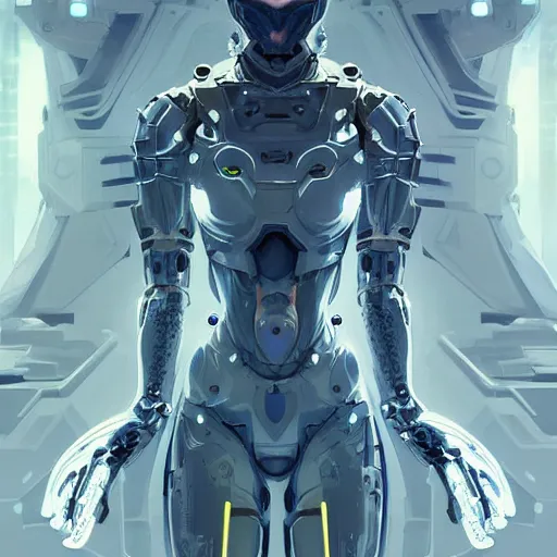 Image similar to ghost, mecha, symmetrical. sci - fi, tech wear, glowing lights, intricate, elegant, highly detailed, digital painting, highly detailed, digital painting, artstation, concept art, smooth, sharp focus, illustration, art by artgerm and greg rutkowski and alphonse mucha