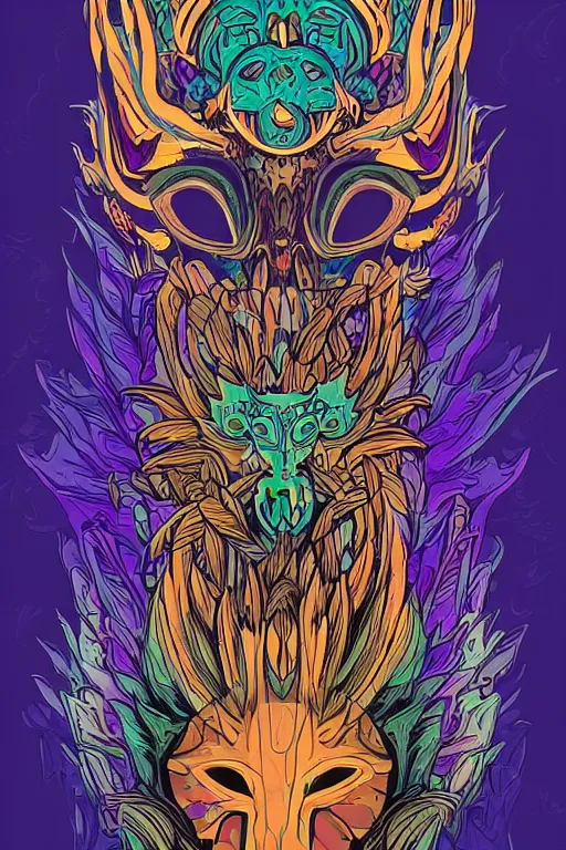 Image similar to animal mask totem roots flower tribal feather gemstone plant wood rock shaman vodoo video game vector cutout illustration vivid multicolor borderlands comics by josan gonzales and dan mumford radiating a glowing aura