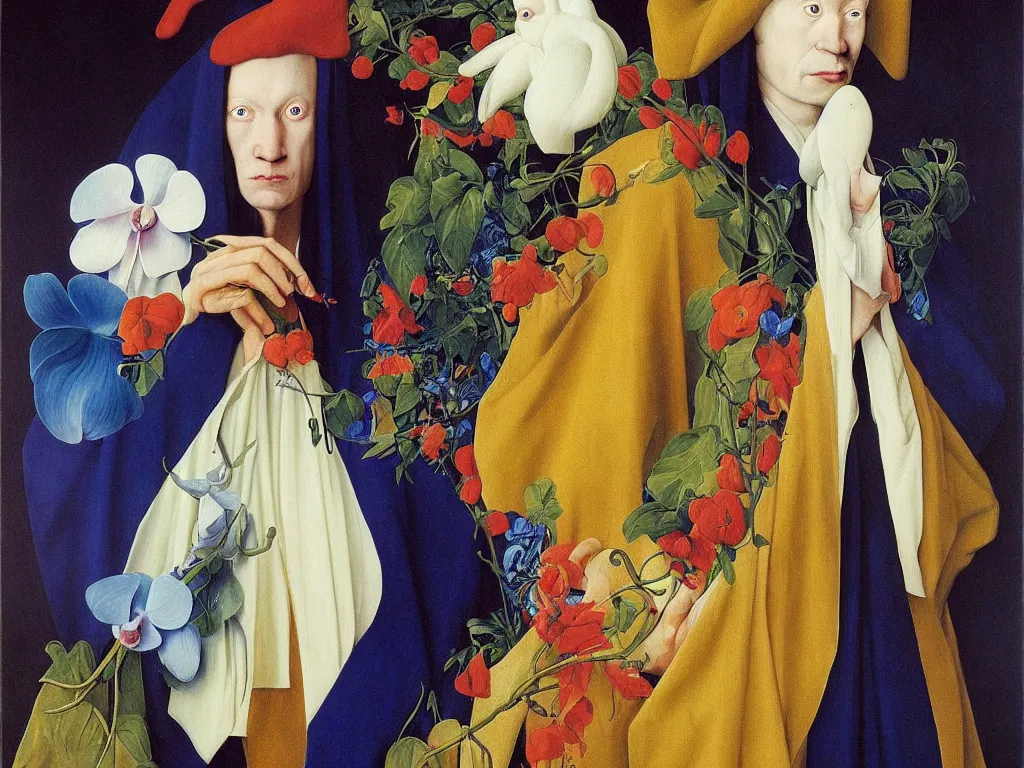 Image similar to portrait of albino mystic with blue eyes, with beautiful exotic orchid. Painting by Jan van Eyck, Audubon, Rene Magritte, Agnes Pelton, Max Ernst, Walton Ford