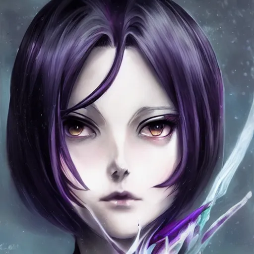 Image similar to Beautiful grown up anime women as a evil witch with purple short hair , pale white skin, artstation , 4K , Highly detailed , high quality , dramatic lighting , drawn by Yusuke Murata , elegant, highly detailed, centered, digital painting, artstation, concept art, artgerm, donato giancola, Joseph Christian Leyendecker, WLOP, Boris Vallejo, Artgerm