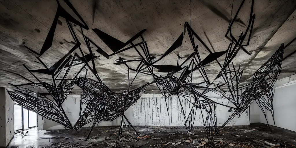 Prompt: ASYMMETRICAL irregular brutalist black-metal winged sculptures made of glossy black liquid latex and industrial hardware, jagged spiraling shapes, strange angles and spidery edges, hanging from ceiling in abandoned basement, designed by nancy grossman, anish kapoor, herman nitsch, 8k, hyperrealistic, hyper-detailed, highly textured, gloss finish, dark volumetric lighting