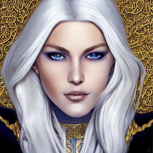 Prompt: Portrait of a tall blonde blue-eyed elf woman with white hair, wearing stylish white and gold clothes, intricate, elegant, highly detailed, smooth, sharp focus, detailed face, high contrast, dramatic lighting, graphic novel, art by Ardian Syaf and Pepe Larraz,