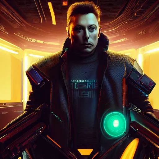 Image similar to ominous, imposing portrait of Elon Musk as a cyberpunk 2077 loading screen, imposing, symmetry, front view, intricate, studio, art by anthony macbain + greg rutkowski + alphonse mucha, concept art, 4k, sharp focus