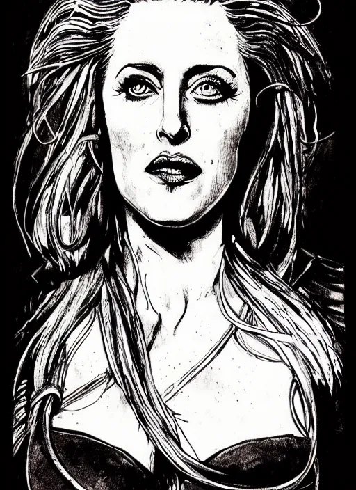 Image similar to beautiful portrait commission of a beautiful Gillian Anderson as Xena the warrior princess in a vintage gothic style. character design by ralph steadman, detailed, inked, western comic book art