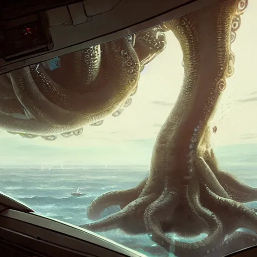 Prompt: The giant octopus monster through the spaceship window, wide shot, broad detail, by Greg Rutkowski