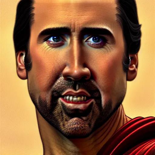 Image similar to upper body portrait of nicolas cage as superman, intricate, elegant, highly detailed, digital painting, artstation, concept art, smooth, sharp focus, illustration, art by artgerm and greg rutkowski and alphonse mucha, award winning, 8 k