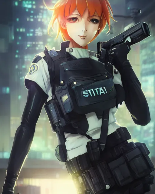 Image similar to nami, anime key visual of a young female swat officer, neon, cyberpunk, futuristic, white outfit, black swat vest, swat helmet, holding pdw, stunning, highly detailed, digital painting, smooth, soft focus, illustration, 4 k digital art from artstation by artgerm and greg rutkowski and alphonse mucha