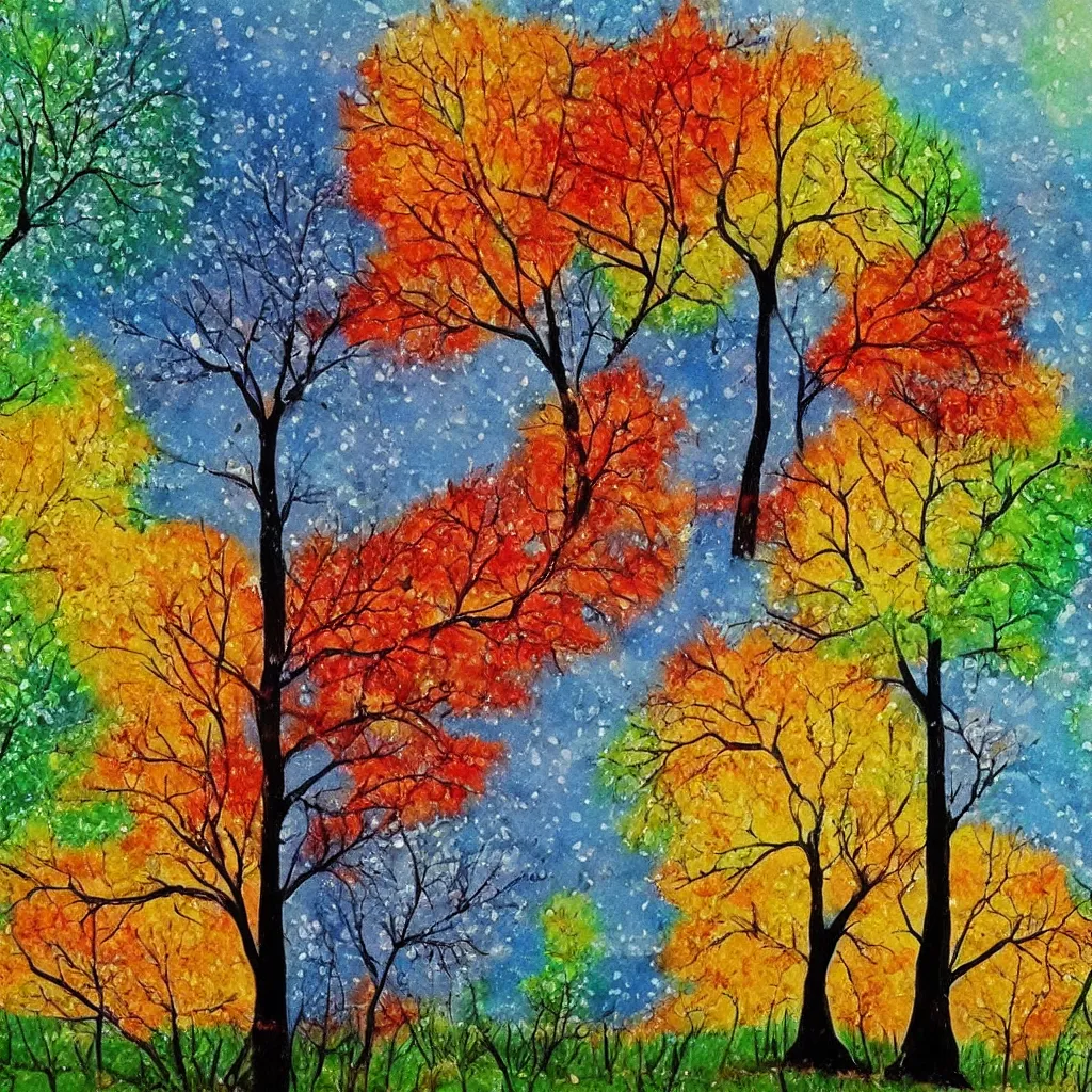 Prompt: a beautiful painting of one single tree representing all four seasons. Spring, Summer, Autum, Winter.