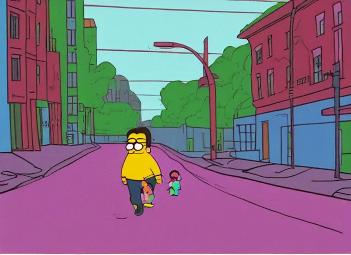 Prompt: a person walking down a road with a child, an album cover by matt groening, trending on tumblr, naive art, criterion collection, vaporwave, seapunk