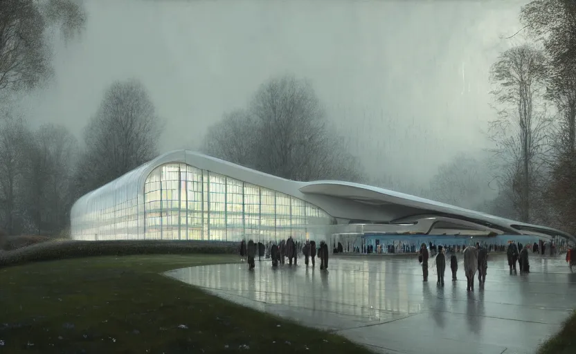 Prompt: painting of a wide angle exterior shot of a white modern futuristic utopian train station in the middle of an english garden with cinematic lighting by peter zumthor and renzo piano, darek zabrocki and greg ruthkowski, alphonse mucha, simon stalenhag and cinematic and blue cold atmospheric, archillect concept art, artstation, trending on artstation