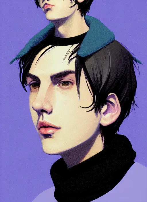 Image similar to portrait of teenage jughead jones wearing a light grey crown, crown, blue turtleneck, closed eyes, photorealistic, black hair, glowing lighting, intricate, elegant, glowing lights, highly detailed, digital painting, artstation, concept art, smooth, sharp focus, illustration, art by wlop, mars ravelo and greg rutkowski