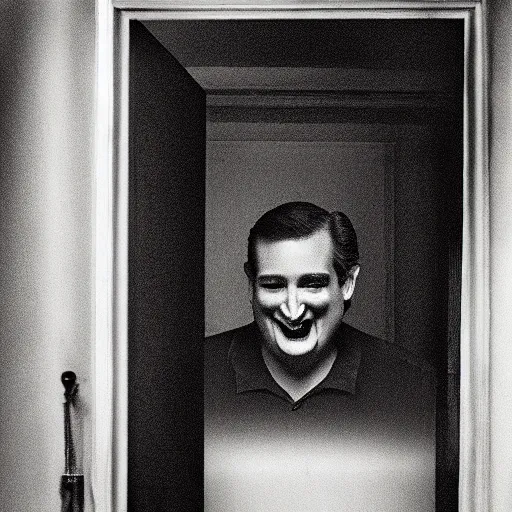 Prompt: Ted Cruz with a wide grin wielding a hatchet peaking through a door in the distance at the end of a narrow corridor, black and white, creepy lighting, scary, horror, ornate, eerie, fear, oil painting