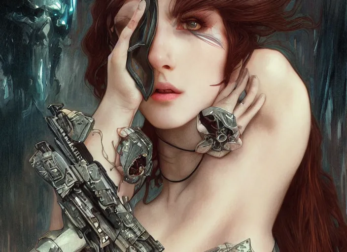 Prompt: beautiful pale gothic maiden killing Nicolas Cage, warhammer 40000, cyberpunk, intricate, elegant, highly detailed, digital painting, artstation, concept art, smooth, sharp focus, illustration, art by artgerm and greg rutkowski and alphonse mucha and Gustav Klimt and Ilya Kuvshinov