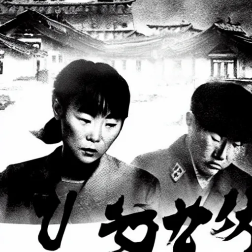 Image similar to low resolution filmstill of a north Korean thriller in the style of Tsui Hark and Ishirō Honda